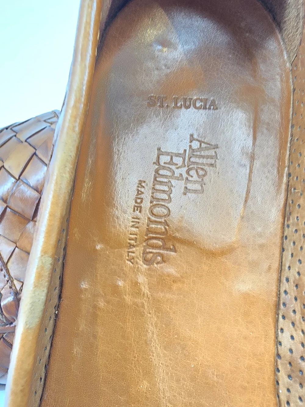 Allen Edmonds Woven Leather Penny Loafers in Cognac Brown